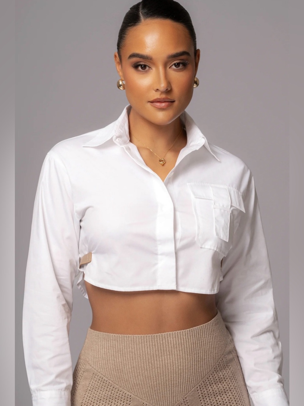 JLUXLABEL White Cropped Button-Up Shirt with adjustable belt details Size S